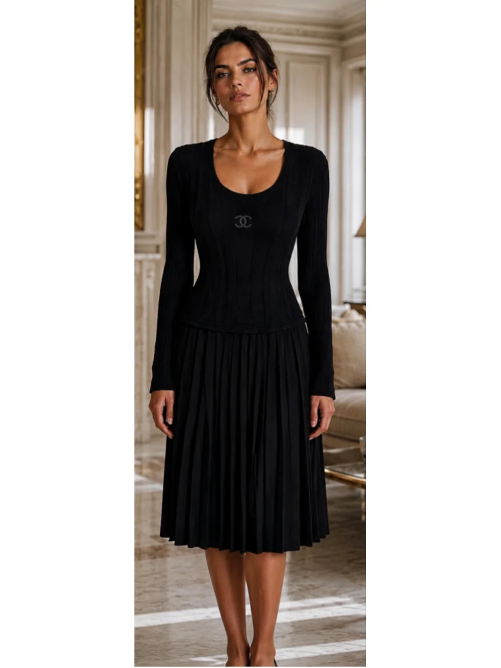 Chanel Vintage Black Ribbed Knit Midi Dress Size 10/42